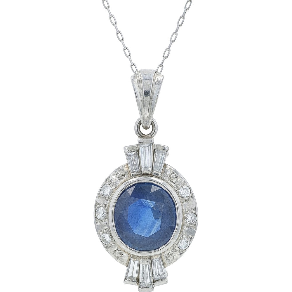 Platinum 17.5-Inch Pendant Necklace with 1.50-Carat Oval Blue Sapphire and 0.268-Carat Round and Baguette Diamond Halo