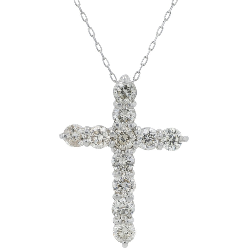 Platinum 18-Inch Cross Pendant Necklace with Shared Prong Set Round Diamonds - 1.00 Carat Total Diamond Weight