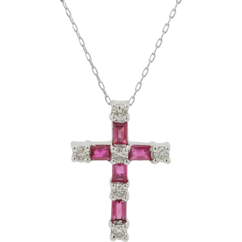 Platinum 18-Inch Cross Pendant with Baguette-Cut Rubies and Round Diamonds - 0.50 Carat Total Ruby Weight and 0.20 Carat Total Diamond Weight