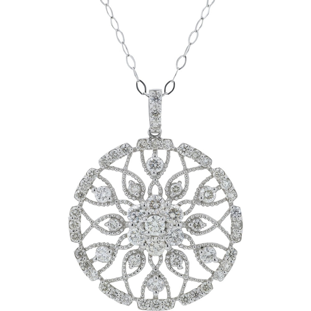 Platinum 18-Inch Floral Filigree Pendant with Prong-Set Round Diamonds - 1.00 Carat Total Diamond Weight