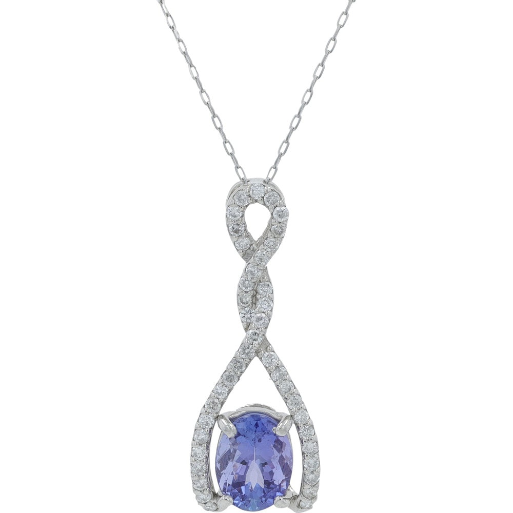 Platinum 18 Inch Infinity Pendant Necklace with Oval Tanzanite and Pavé-Set Round Diamonds - 1.18 Carat Tanzanite and 0.26 Carat Total Diamond Weight