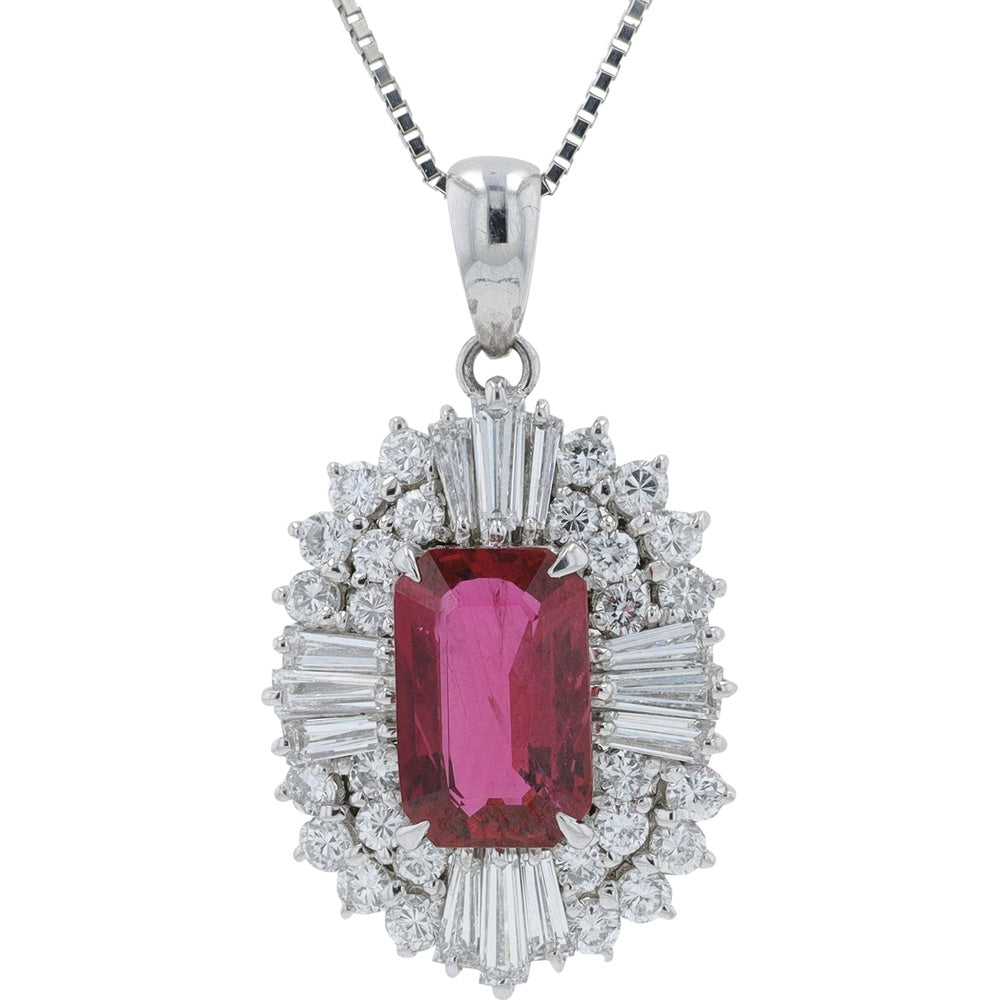 Platinum 18-Inch Pendant with 2.19 Carat Emerald-Cut Thai Ruby and 1.39 Carat Diamond Halo