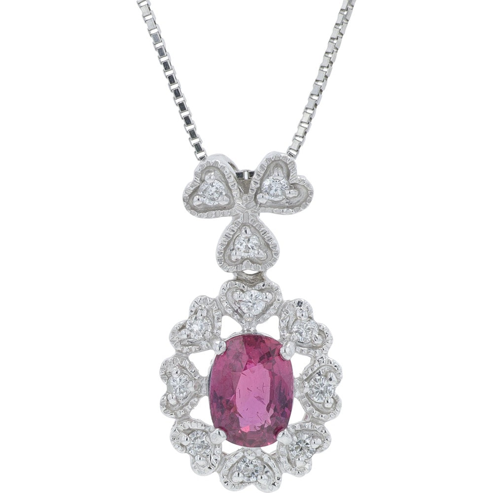 Platinum 18 Inch Pendant with Heart Motif Halo and Oval Ruby - 1.151 Carat Ruby and 0.18 Carat Total Diamond Weight