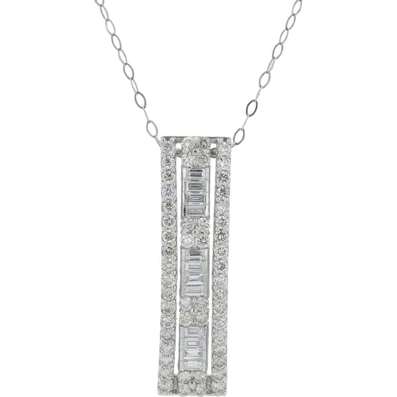 Platinum 18" Necklace with Bar Pendant Featuring Channel Set Baguette and Pavé Round Diamonds - 1.00 Carats Total Diamond Weight