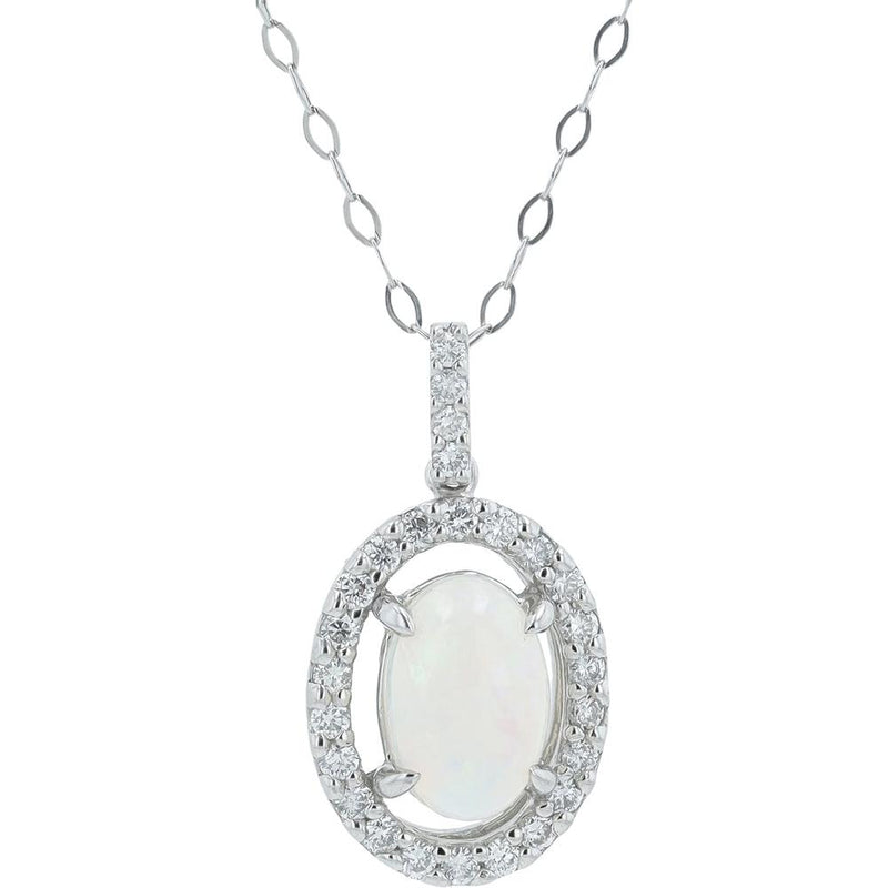 Platinum 18" Opal Halo Pendant with Oval 0.95 Carats Opal and 0.26 Carats Round Diamonds