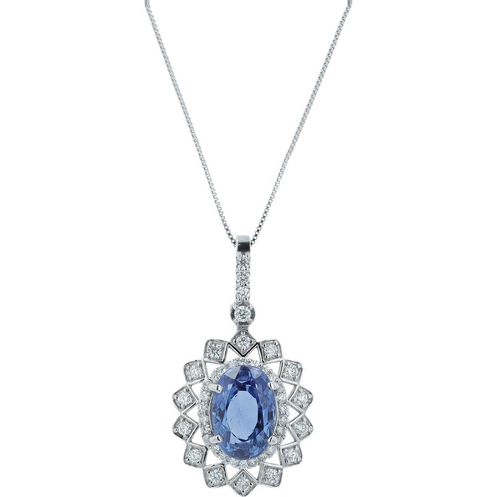 Platinum 18" Pendant Necklace with 3.70 Carat No Heat Sri Lanka Sapphire and 0.38 Carat Diamond Halo