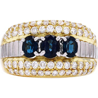 Platinum/18K Yellow Gold Three Stone Sapphire Ring with Diamond Accents - 1.26 Carat Total Sapphire Weight, 1.00 Carat Total Diamond Weight