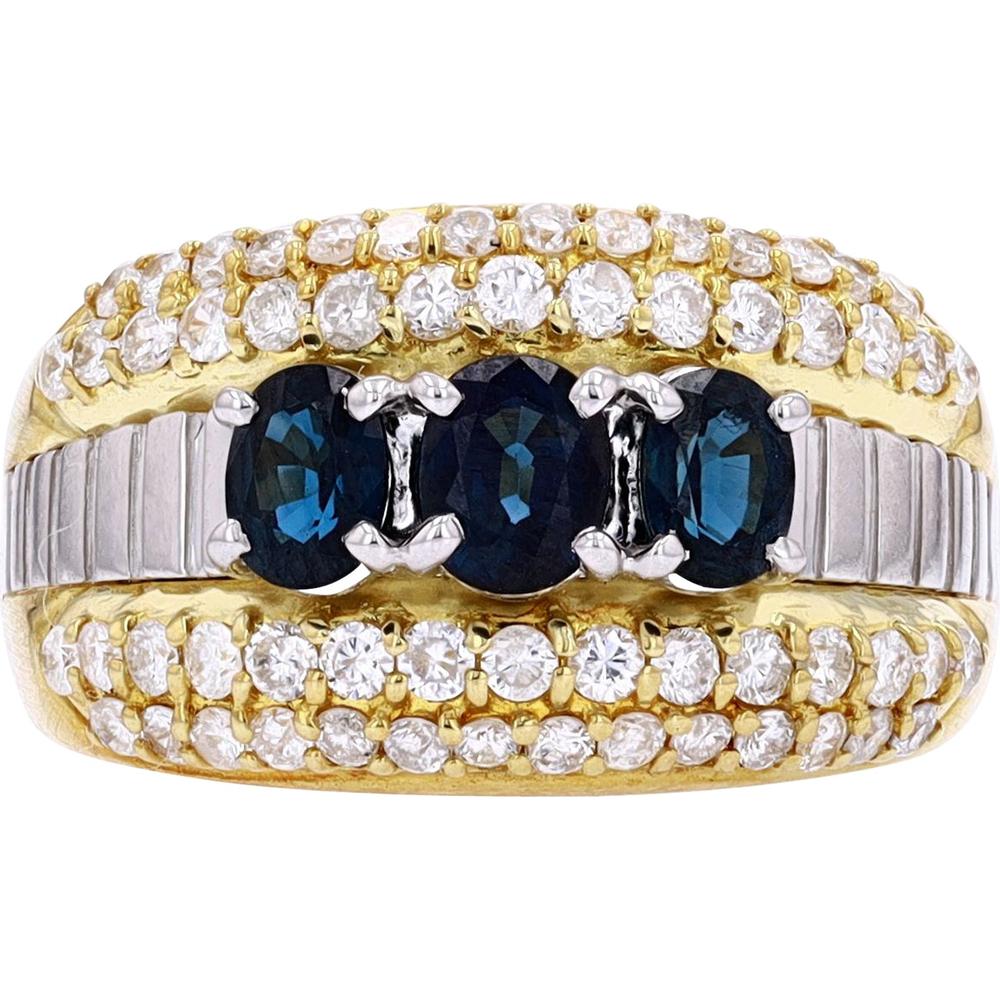 Platinum/18K Yellow Gold Three Stone Sapphire Ring with Diamond Accents - 1.26 Carat Total Sapphire Weight, 1.00 Carat Total Diamond Weight