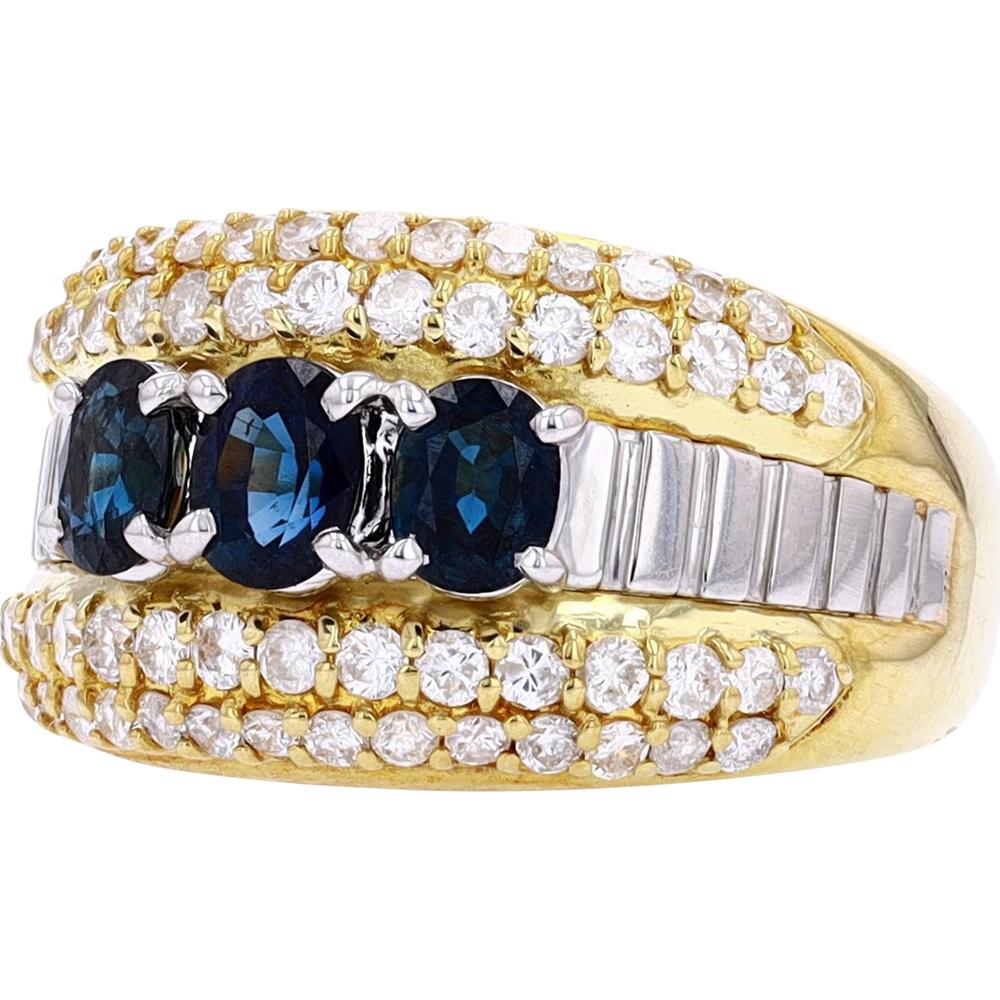 Platinum/18K Yellow Gold Three Stone Sapphire Ring with Diamond Accents - 1.26 Carat Total Sapphire Weight, 1.00 Carat Total Diamond Weight