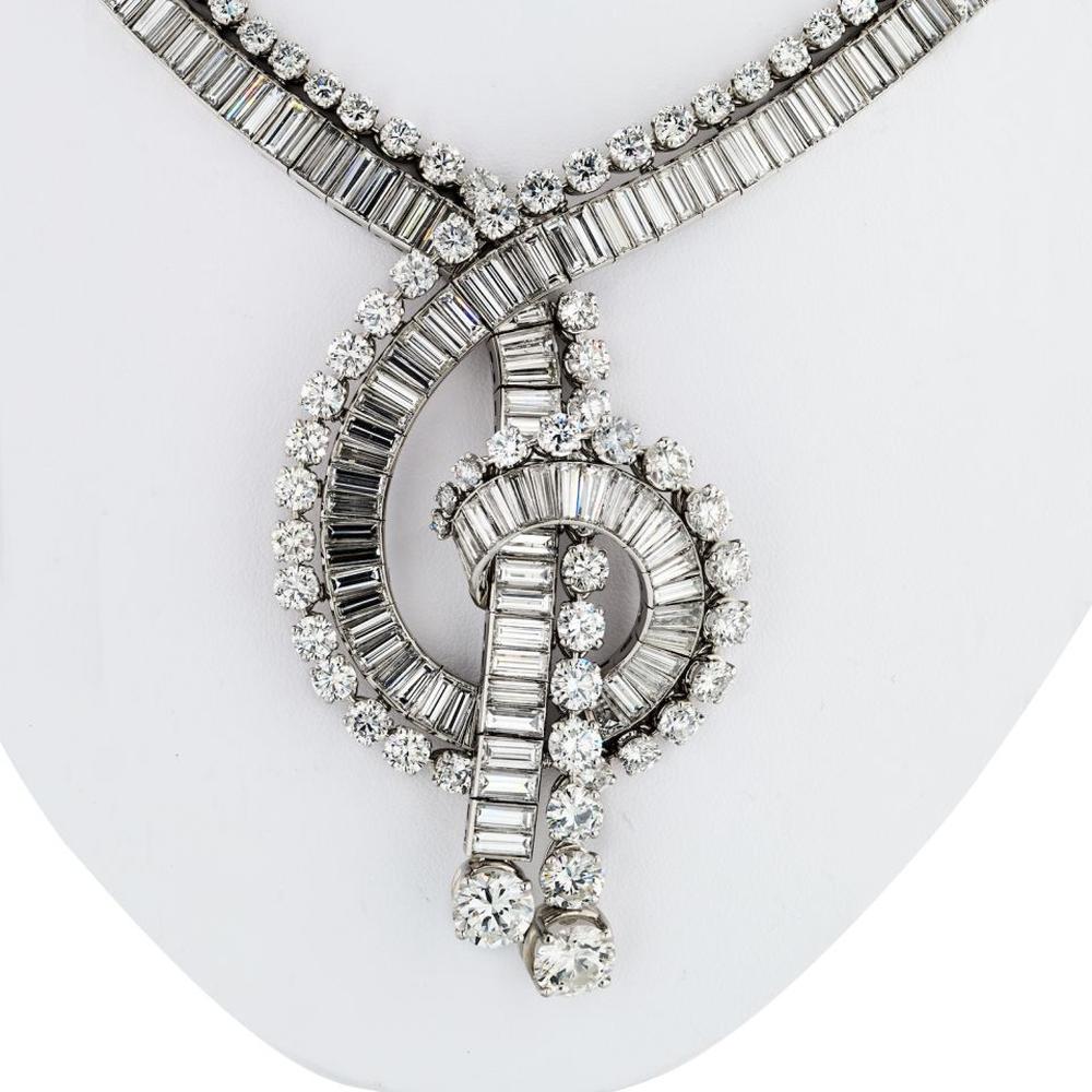 Platinum 1960s Boucheron Diamond Necklace with Graduated Baguette & Round-Cut Diamonds - 111.35 Carats Total Diamond Weight