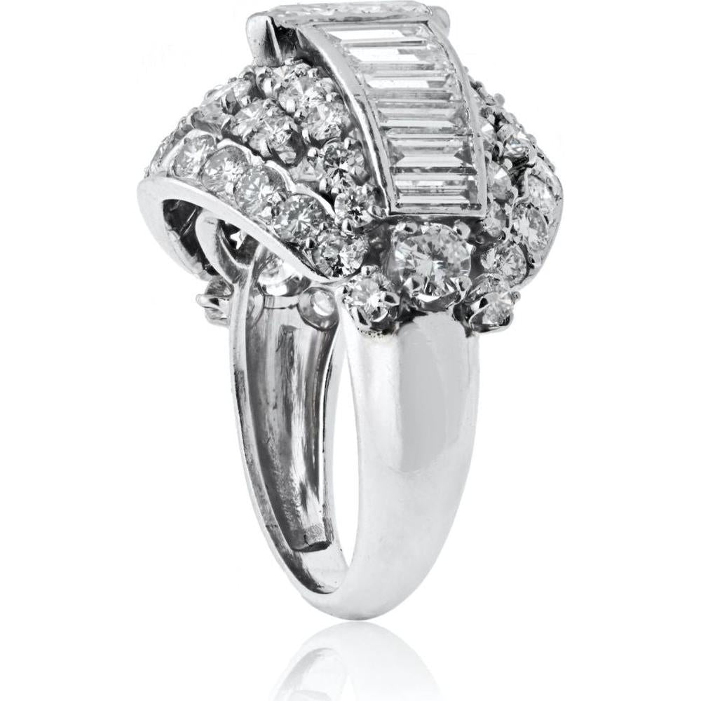 Platinum 1970's Bombe Ring with 5.75 Carats Marquise, Baguette, and Round Cut Diamonds