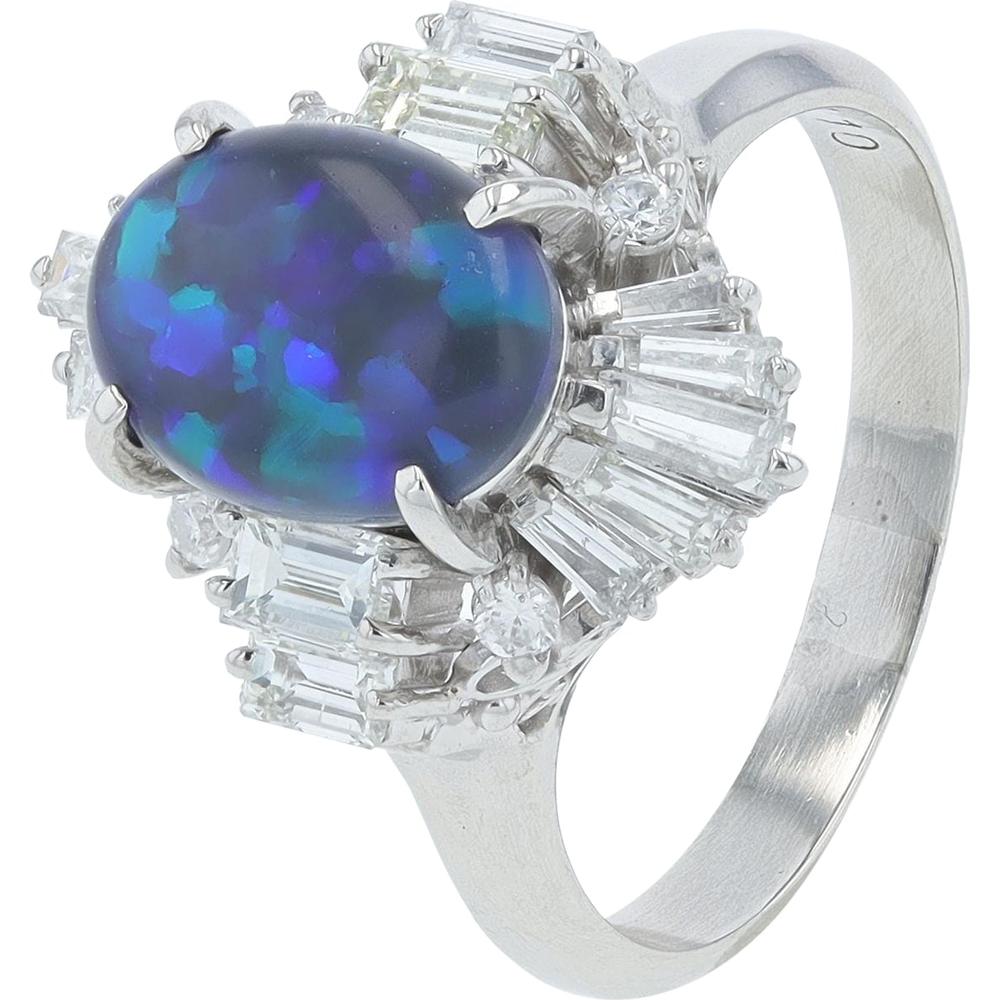 Platinum 2.00 Carat Black Opal Ring with Baguette and Round Diamonds - 1.10 Carats Total Diamond Weight