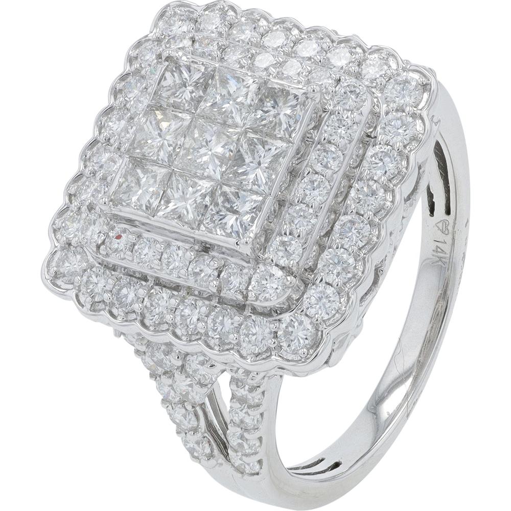 Platinum 2.00 Carat Diamond Halo Ring with Milgrain Detail and Prong Set Diamonds