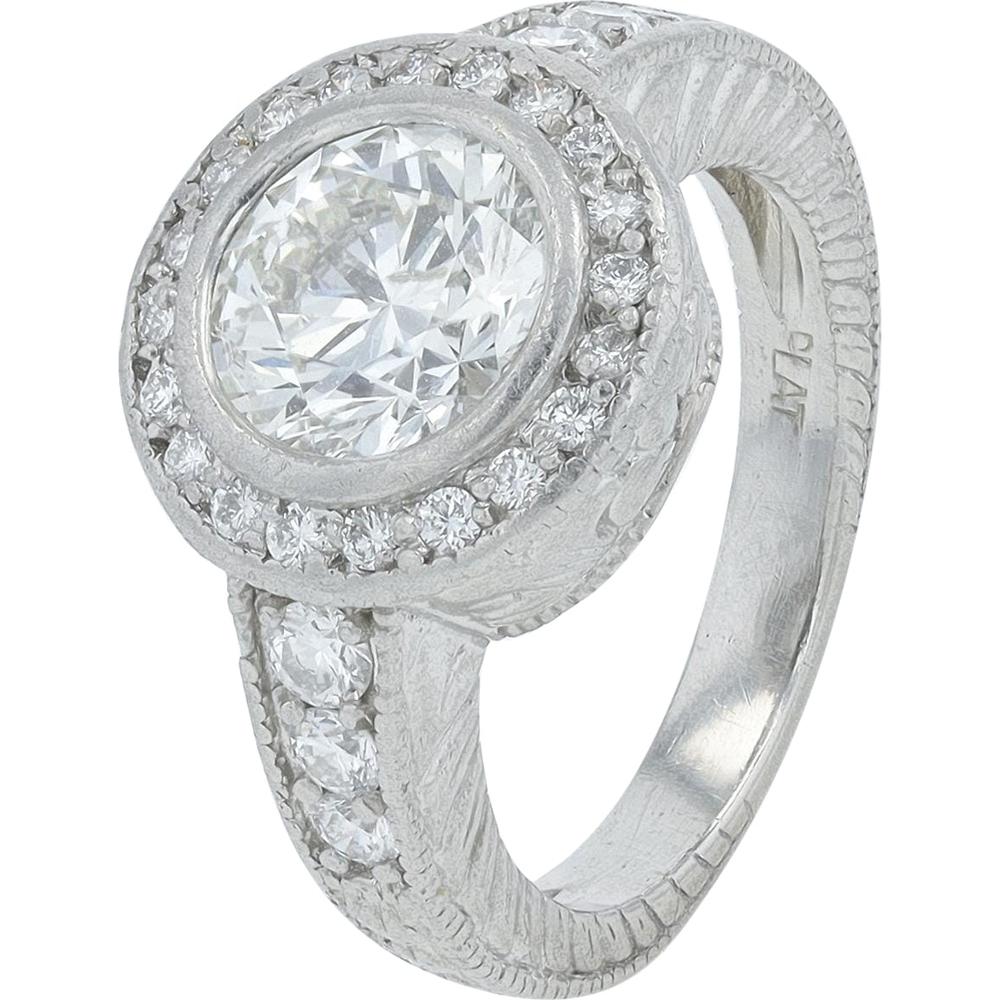 Platinum 2.00 Carat Round Diamond Engagement Ring with Halo and Milgrain Detail