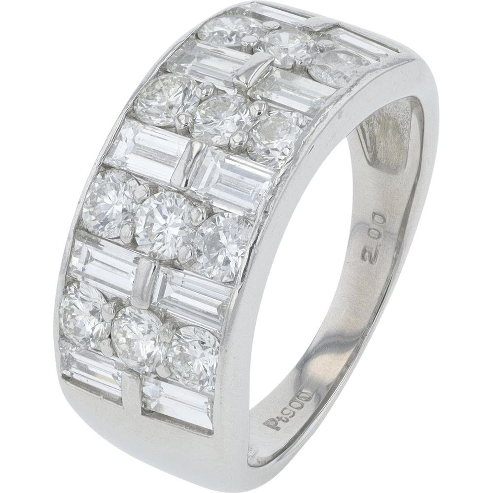 Platinum 2.00 Carats Total Diamond Ring with Round and Baguette Diamonds