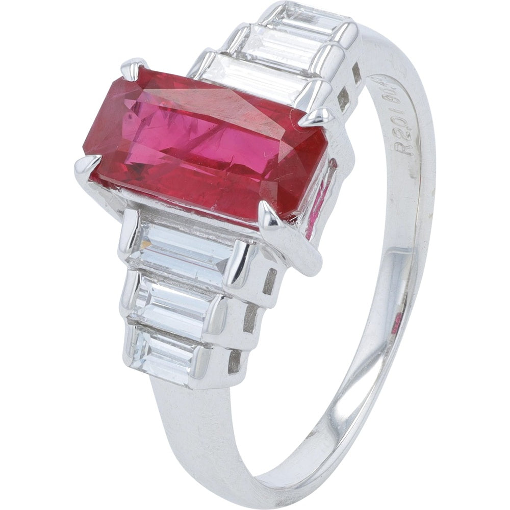 Platinum 2.01 Carat Burma Ruby Ring with Baguette Diamond Accents - GIA Certified