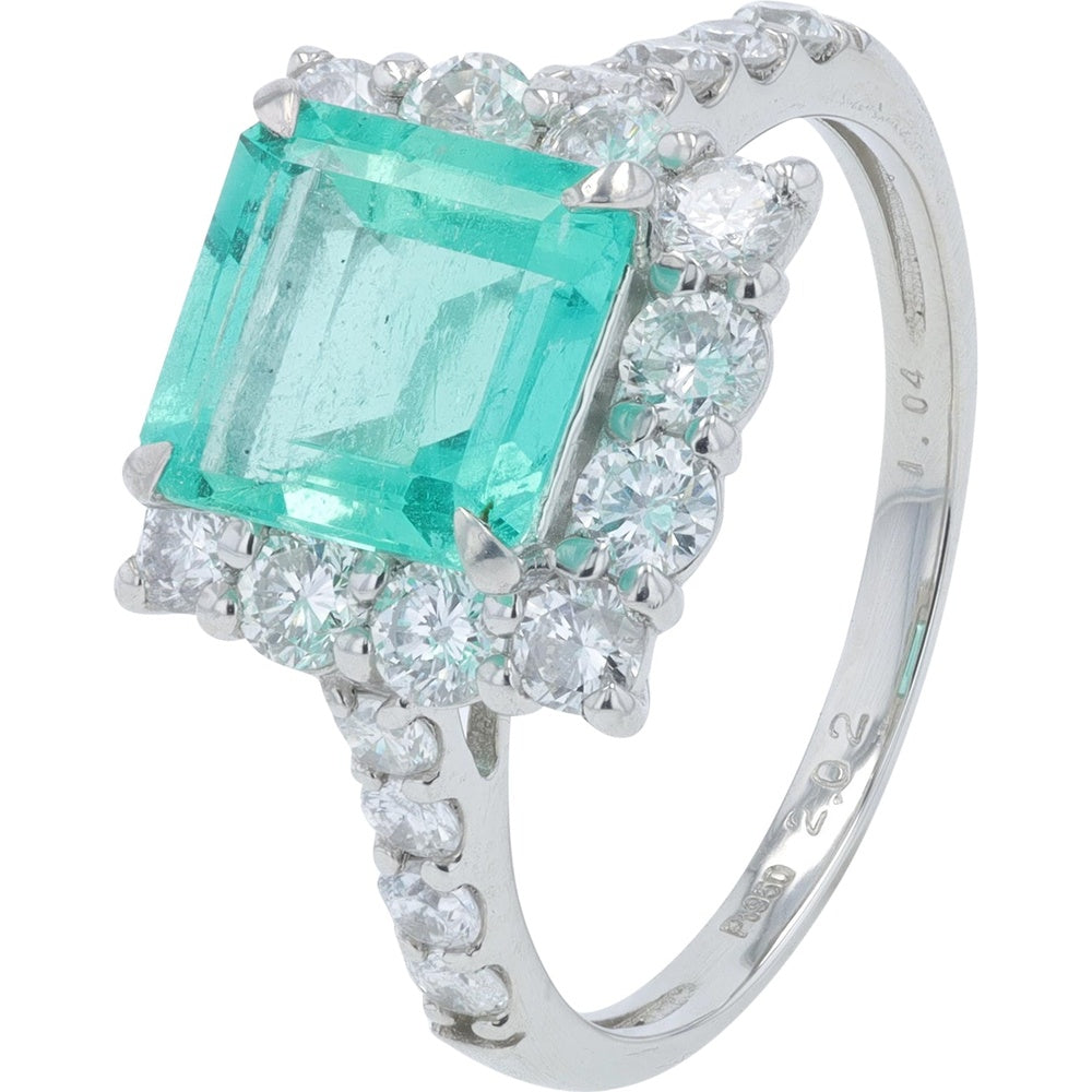 Platinum 2.02 Carat Emerald Cut Emerald Ring with 1.04 Carat Diamond Halo and Accented Shank - Size 6.25