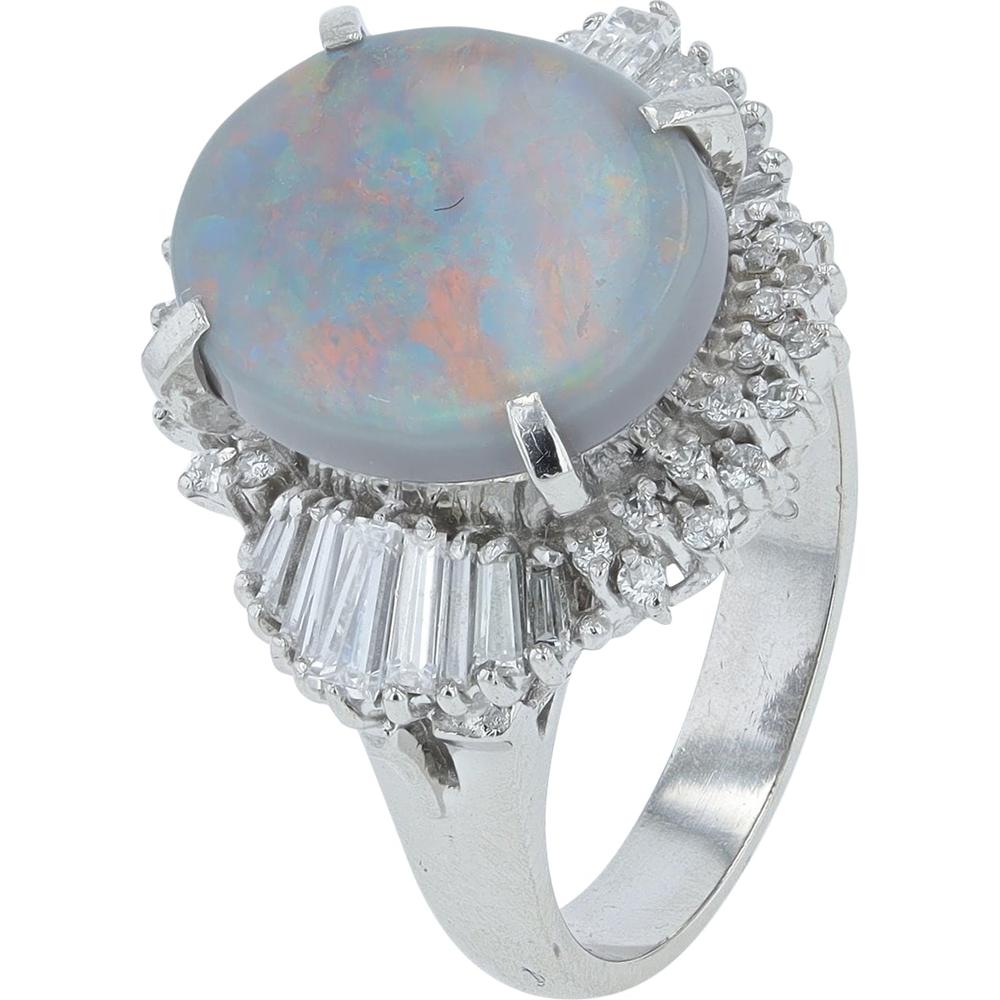 Platinum 2.03 Carat Opal Ring with 0.81 Carat Diamond Baguette Halo