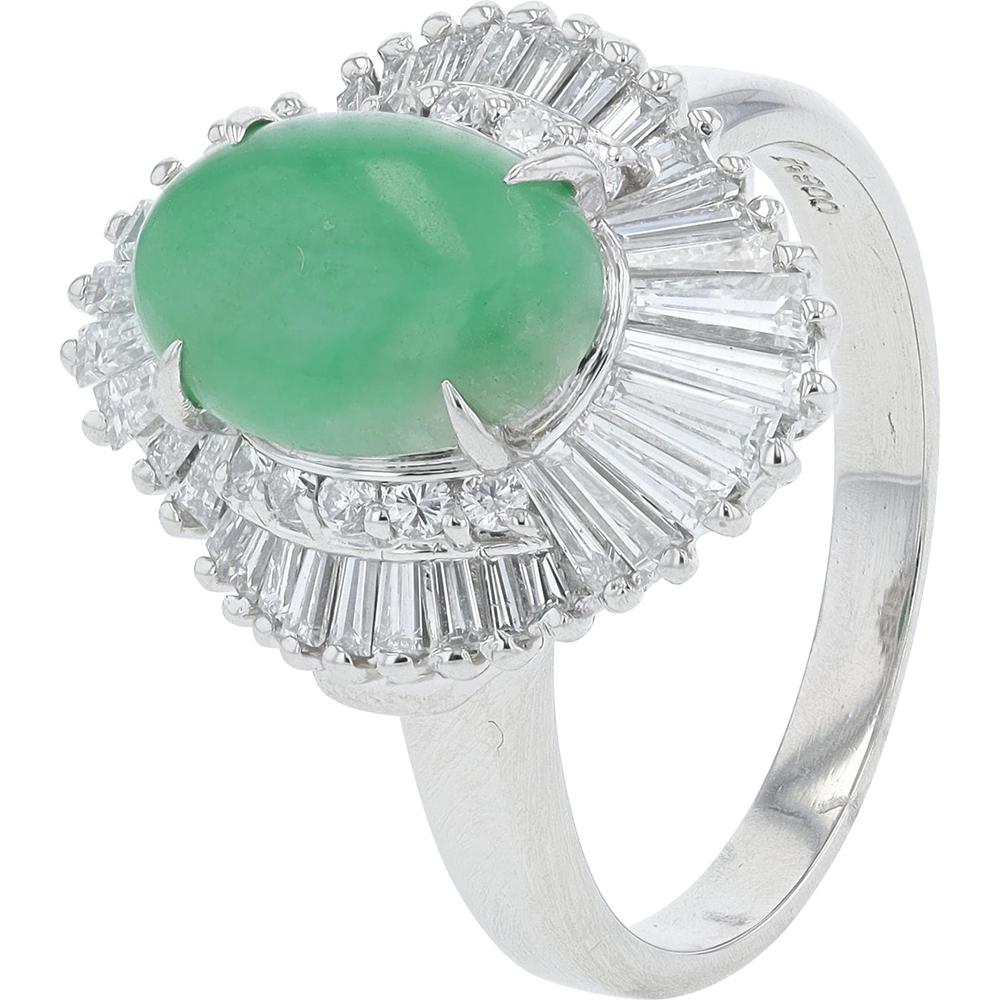 Platinum 2.03 Carat Oval Jade Ballerina Ring with 1.10 Carat Diamond Halo
