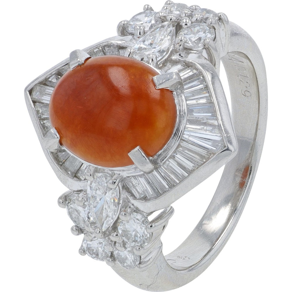 Platinum 2.04 Carat Oval Red Jade Ring with 1.29 Carat Pear, Marquise, and Baguette Diamond Halo Setting