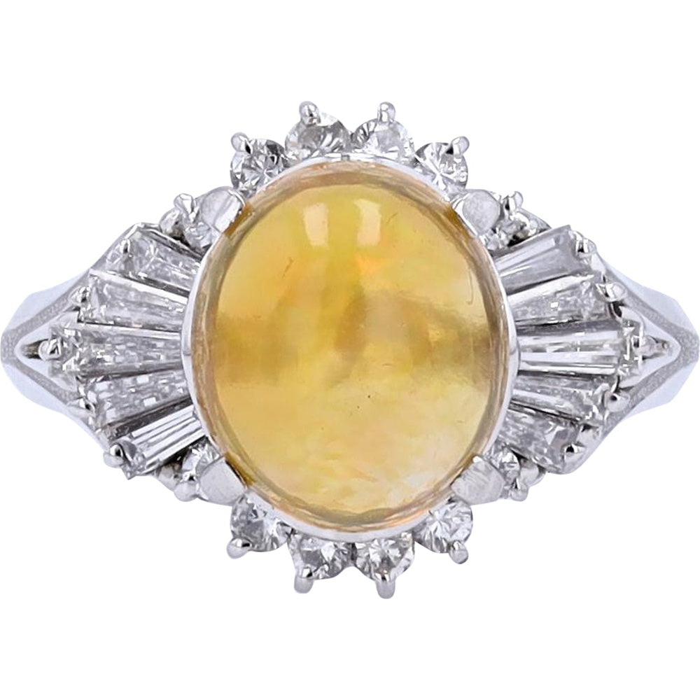 Platinum 2.05 Carat Cabochon Fire Opal Ring with Geometric Baguette and Round Diamond Halo - 0.69 Carat Total Diamond Weight