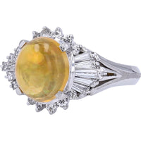 Platinum 2.05 Carat Cabochon Fire Opal Ring with Geometric Baguette and Round Diamond Halo - 0.69 Carat Total Diamond Weight