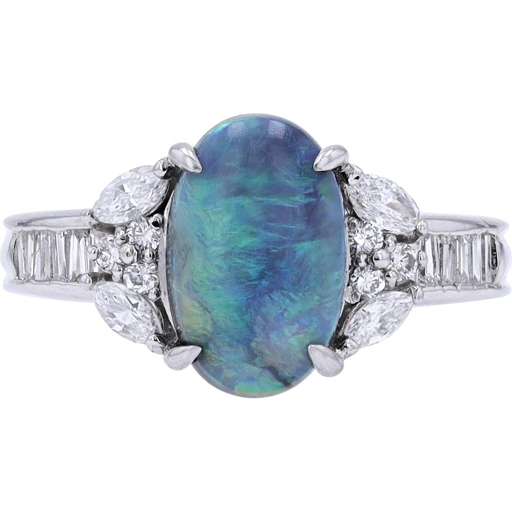 Platinum 2.07 Carat Black Opal Ring with 0.63 Carat Diamond Accents