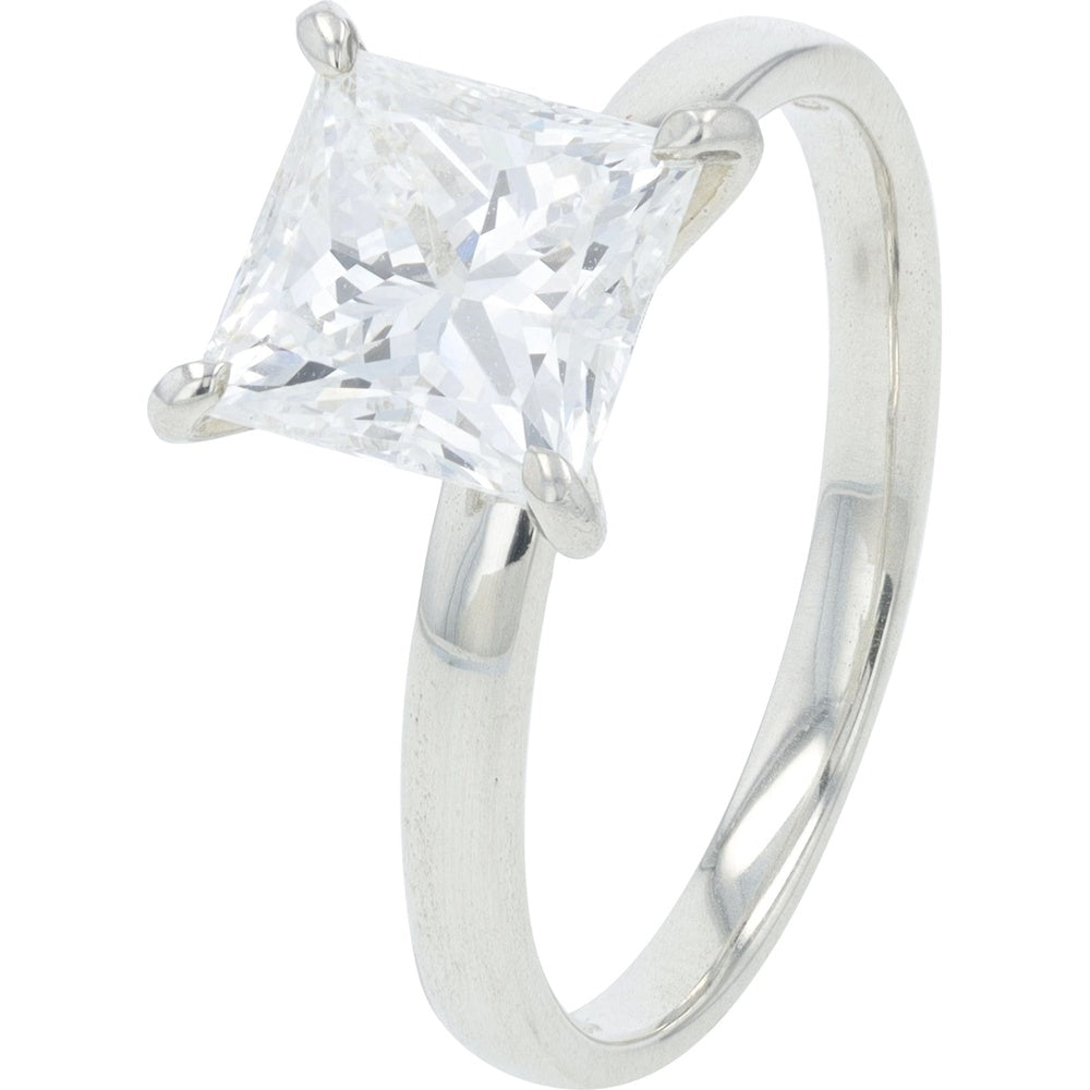 Platinum 2.10 Carat Lab Grown Princess Cut Diamond Solitaire Engagement Ring - 4-Prong Modern Setting