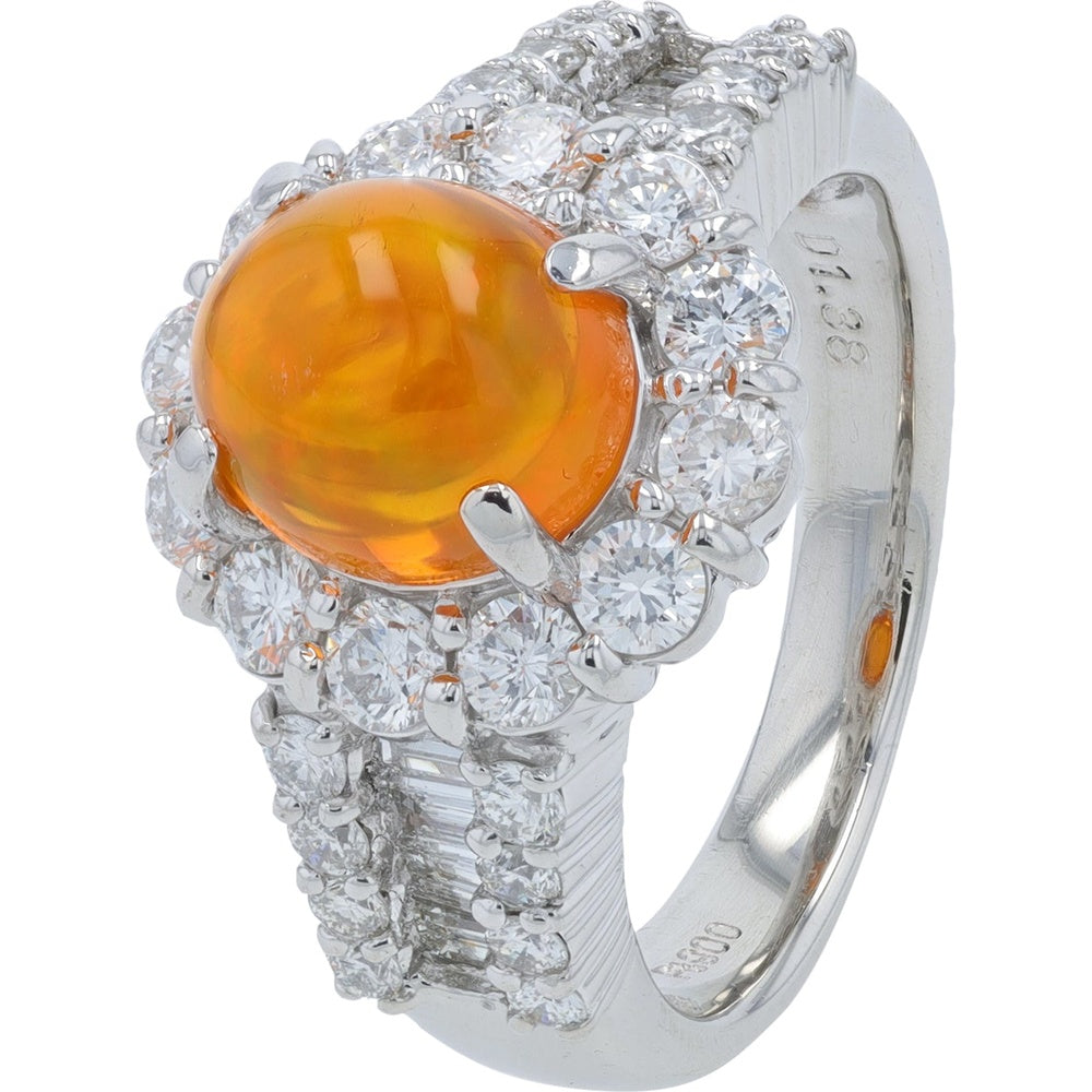 Platinum 2.11 Carat Cabochon Fire Opal Halo Ring with 1.38 Carat Round Diamonds