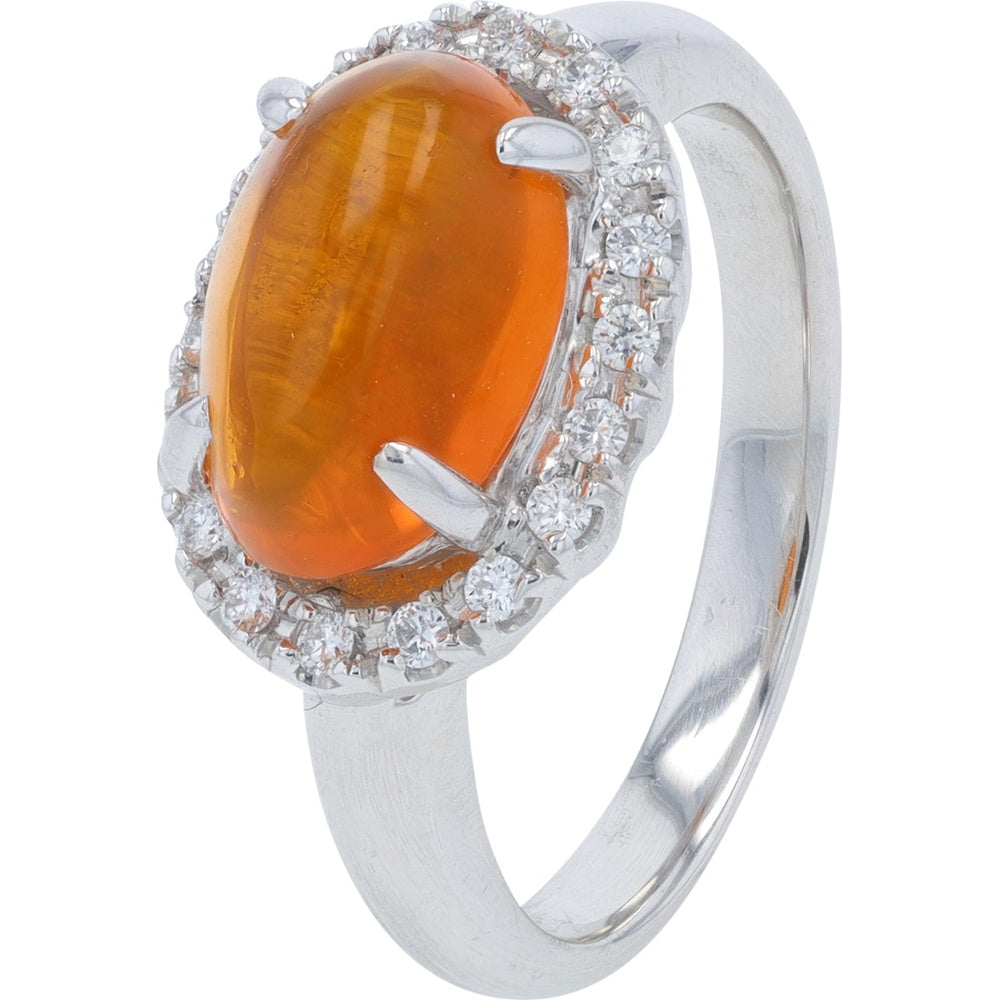 Platinum 2.15 Carat Oval Cabochon Fire Opal Ring with 0.16 Carat Round Diamond Halo - Size 6