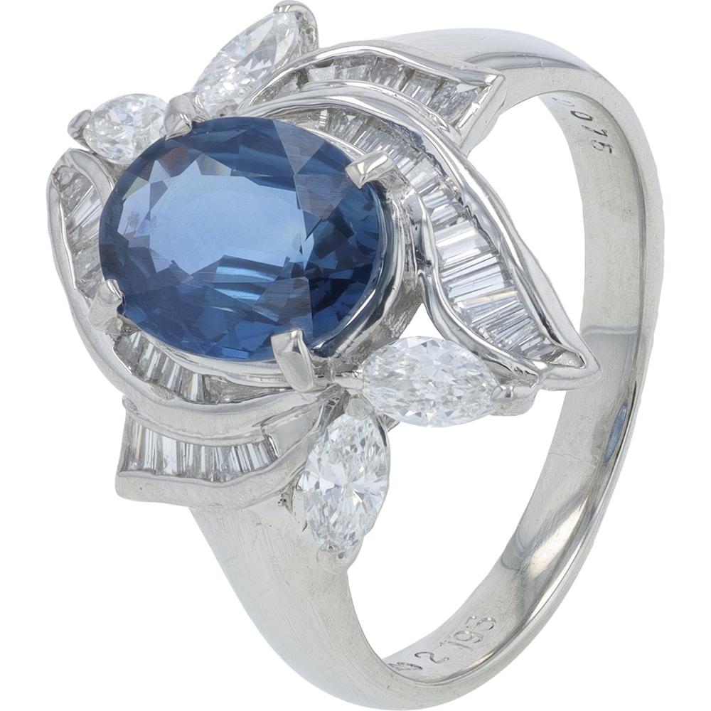 Platinum 2.19 Carat Sapphire Ring with 0.75 Carats Marquise and Baguette Diamonds - Size 7