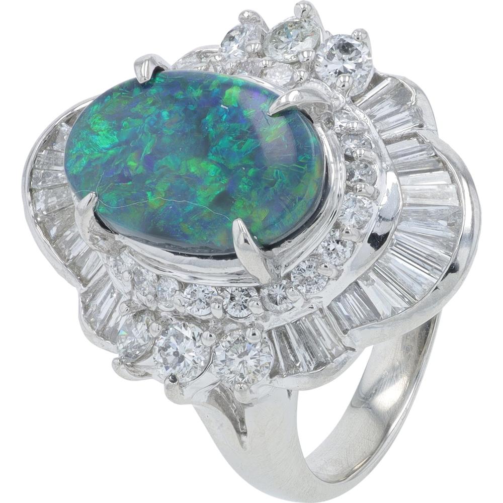 Platinum 2.20 Carat Black Opal and Diamond Halo Ring - 2.16 Carat Total Diamond Weight