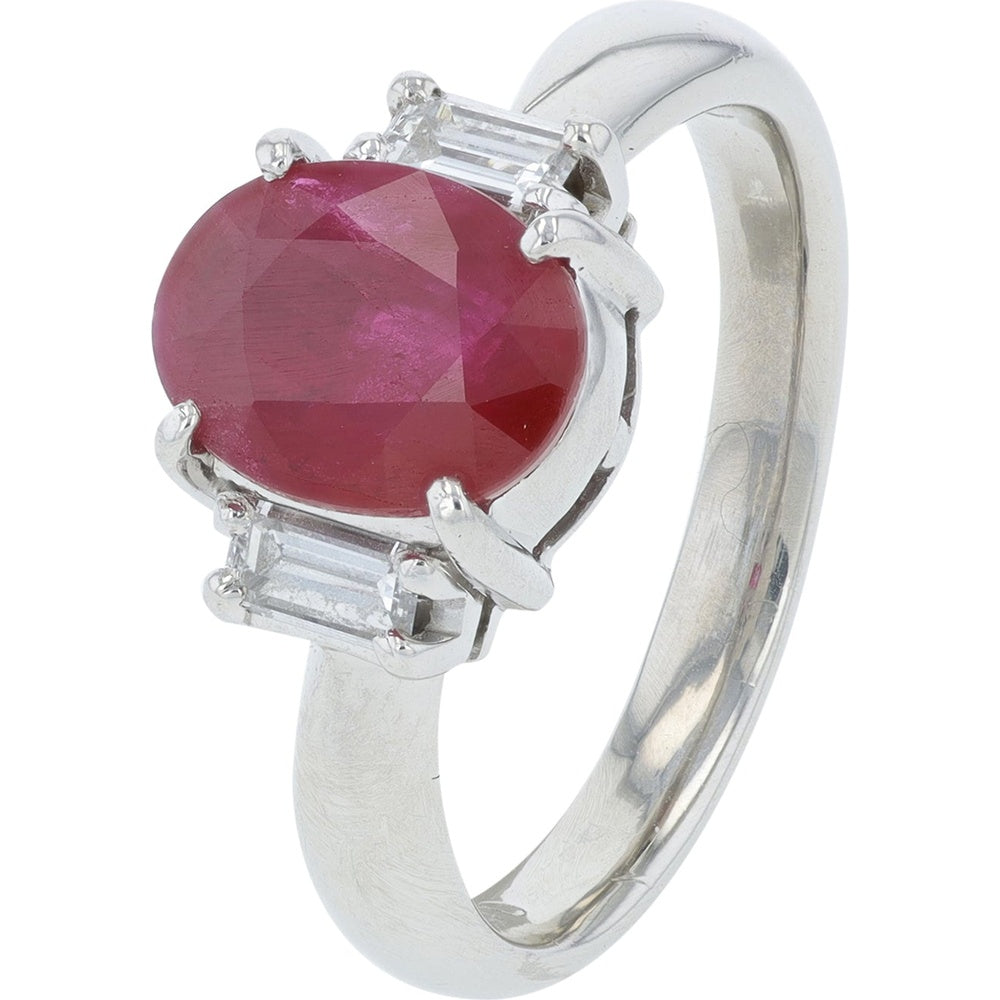 Platinum 2.23 Carat Oval Burma Ruby Ring with Baguette Diamond Accents - GIA Certified