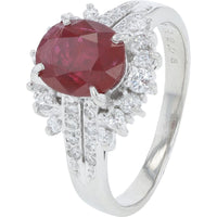 Platinum 2.26 Carat Total Weight Oval Ruby Ring with 0.45 Carat Diamond Halo - Platinum 900