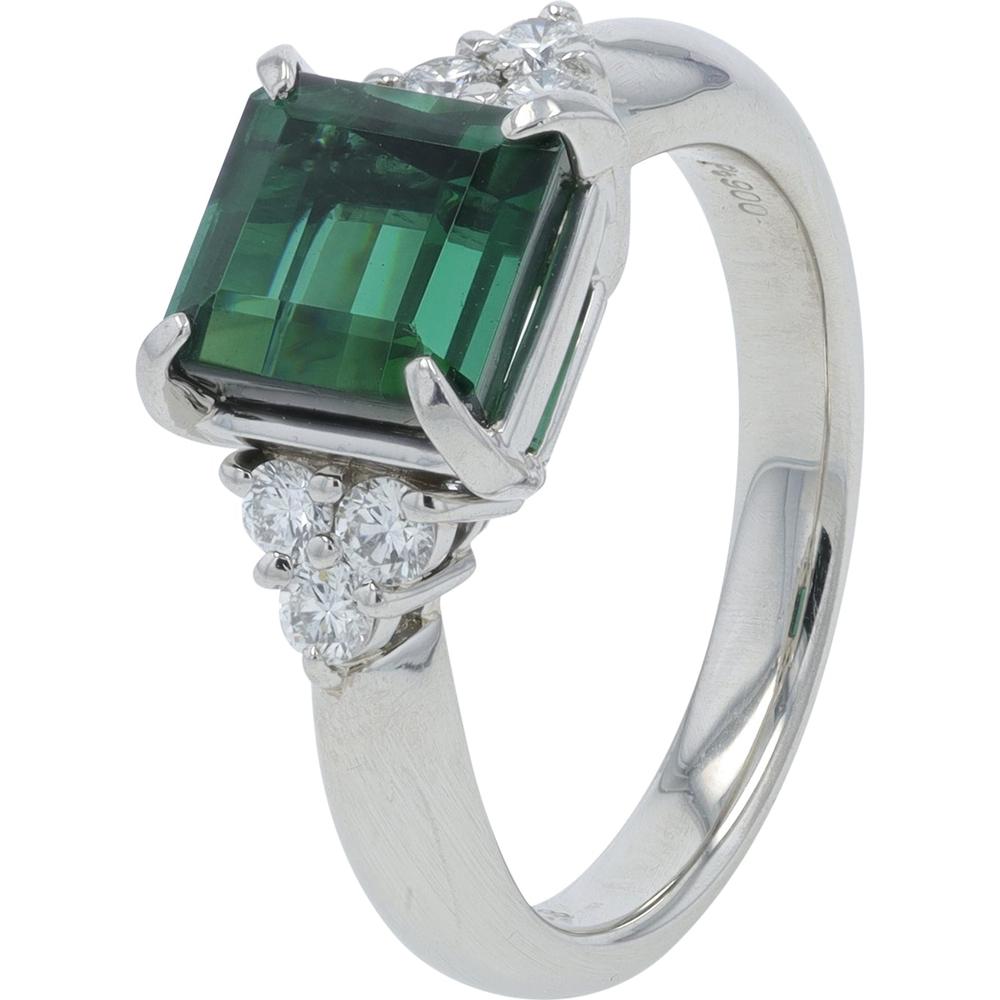 Platinum 2.33 Carat Square Cut Tourmaline Ring with 0.21 Carat Round Diamond Accents