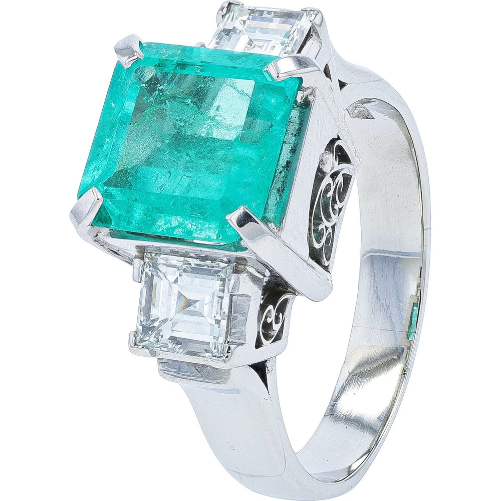 Platinum 2.36 Carat Colombian Emerald Ring with Square Diamond Accents - 0.80 Carat Total Diamond Weight