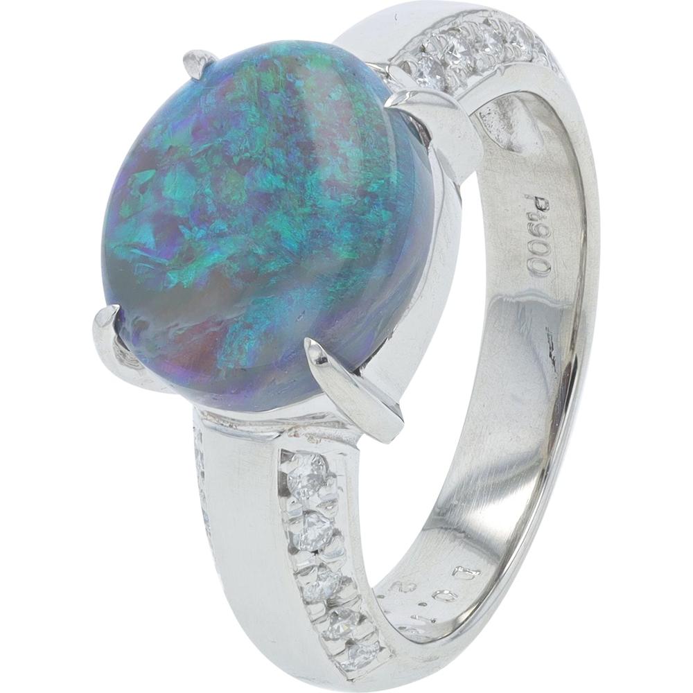Platinum 2.40 Carat Black Opal Ring with 0.19 Carat Diamond Accents