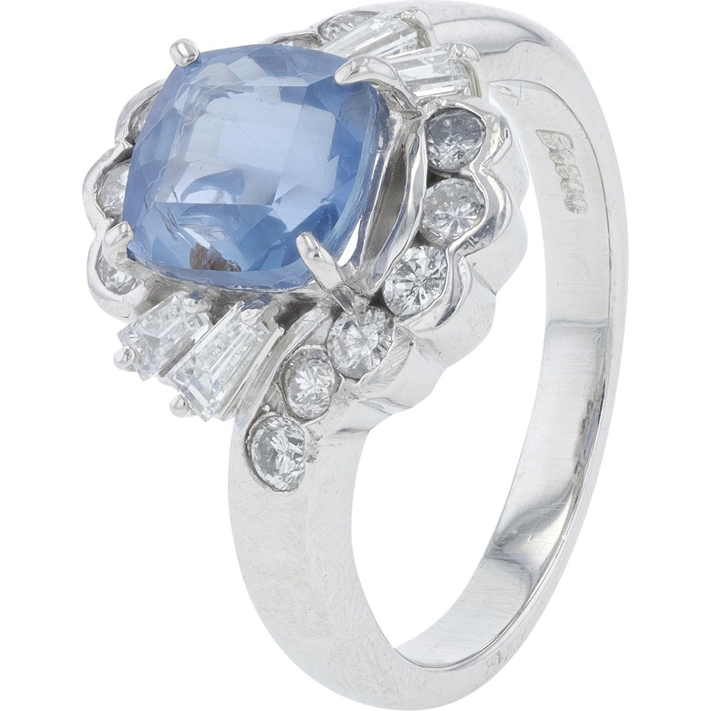 Platinum 2.51-Carat Cushion Cut No Heat Sri Lanka Sapphire Ring with Baguette and Round Diamond Accents - GIA Certified