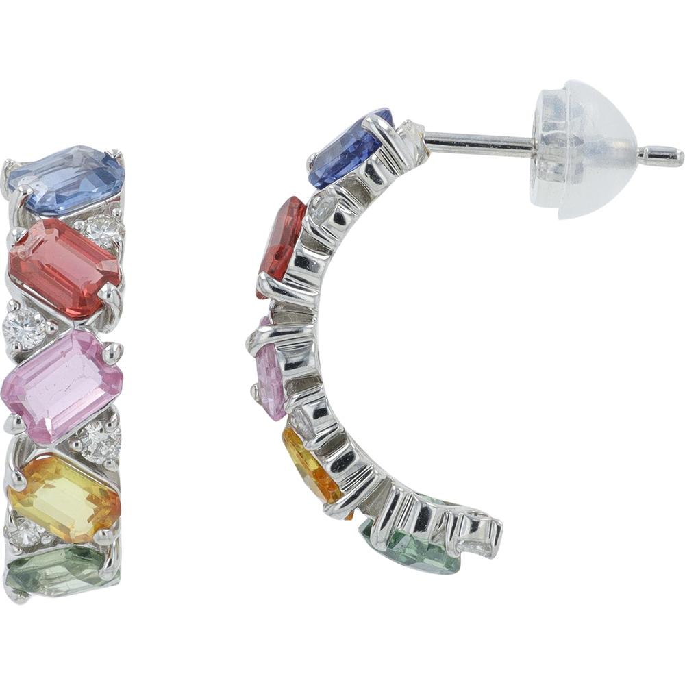 Platinum 2.54 Carat Total Weight Multi Sapphire C - Hoop Earrings with 0.20 Carat Diamond Accents