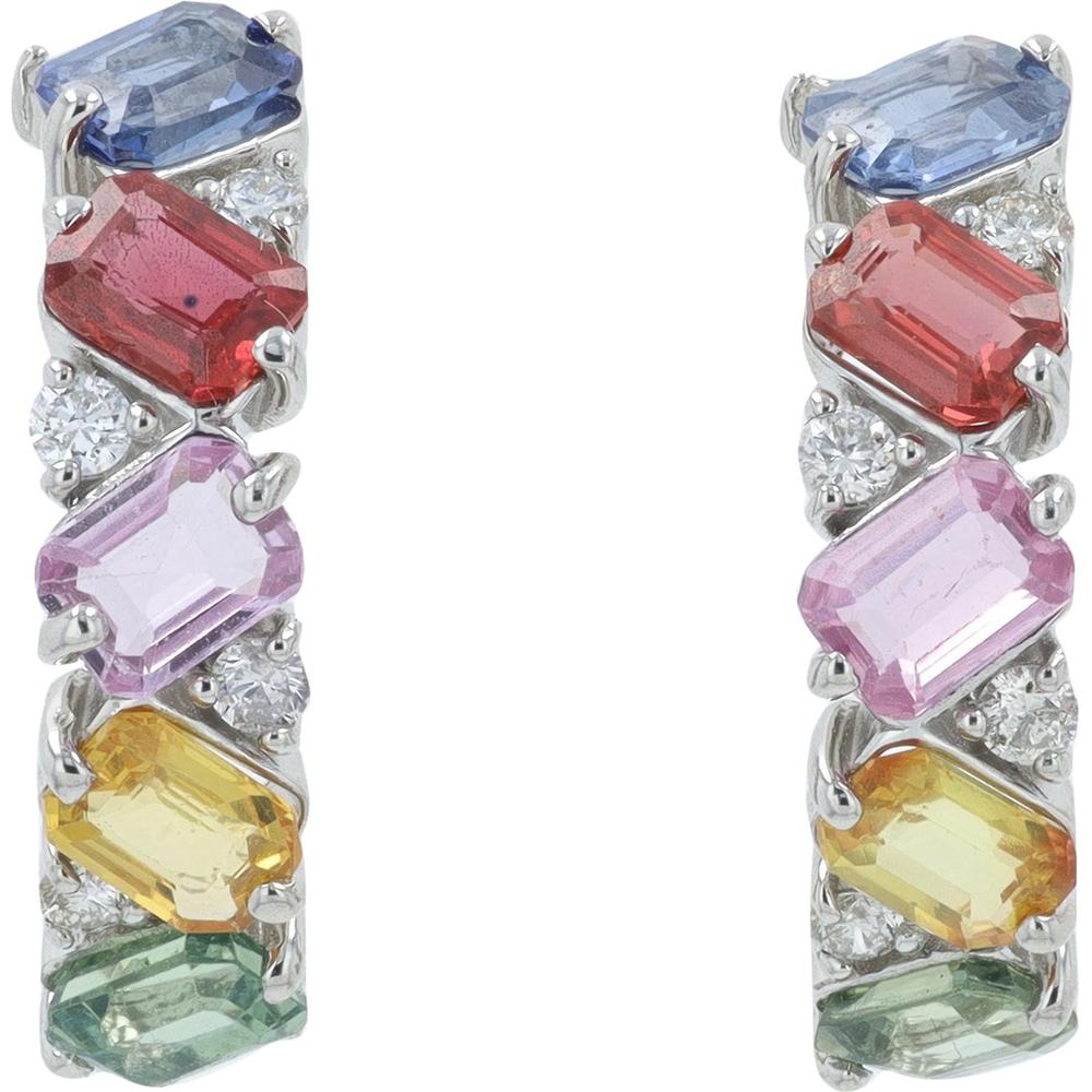 Platinum 2.54 Carat Total Weight Multi Sapphire C - Hoop Earrings with 0.20 Carat Diamond Accents