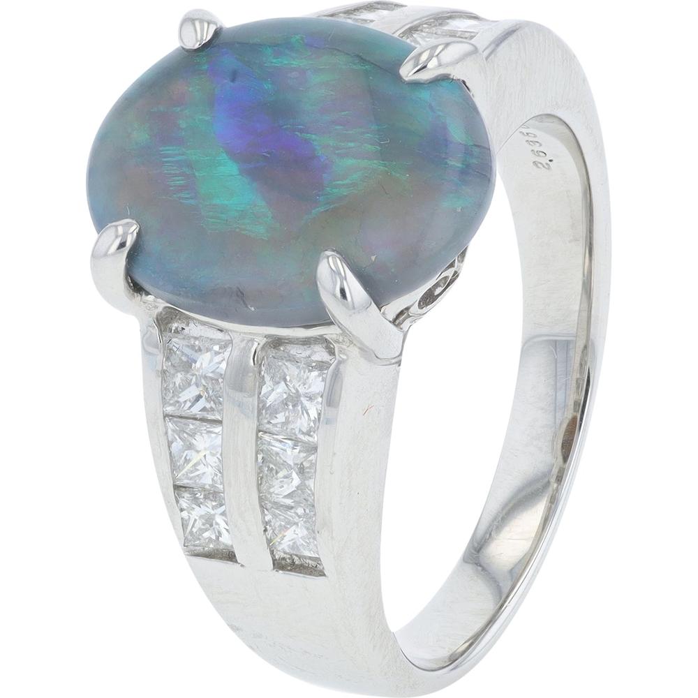 Platinum 2.63 Carats Black Opal Center Ring with 0.84 Carat Total Diamond Weight