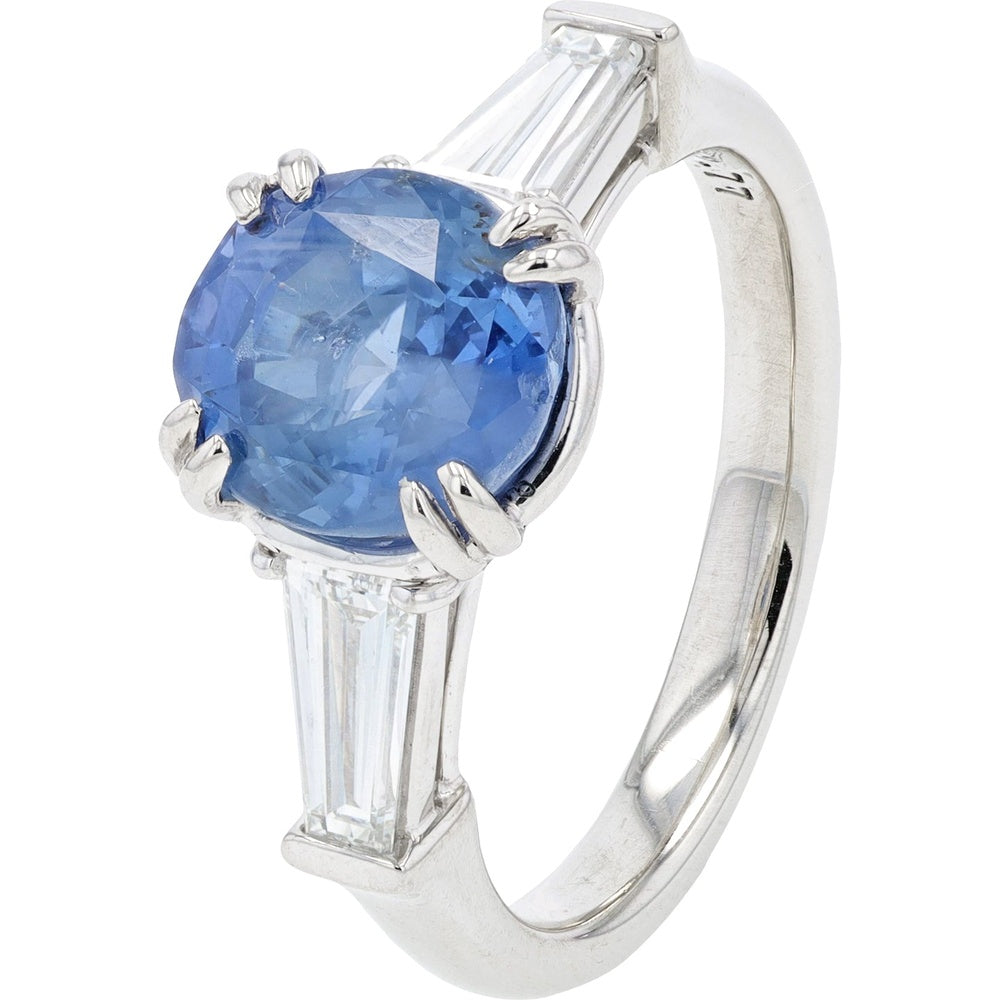 Platinum 2.77 Carat Oval No Heat Ceylon Sapphire Ring with Baguette Diamond Side Stones - 0.68 Carat Total Diamond Weight