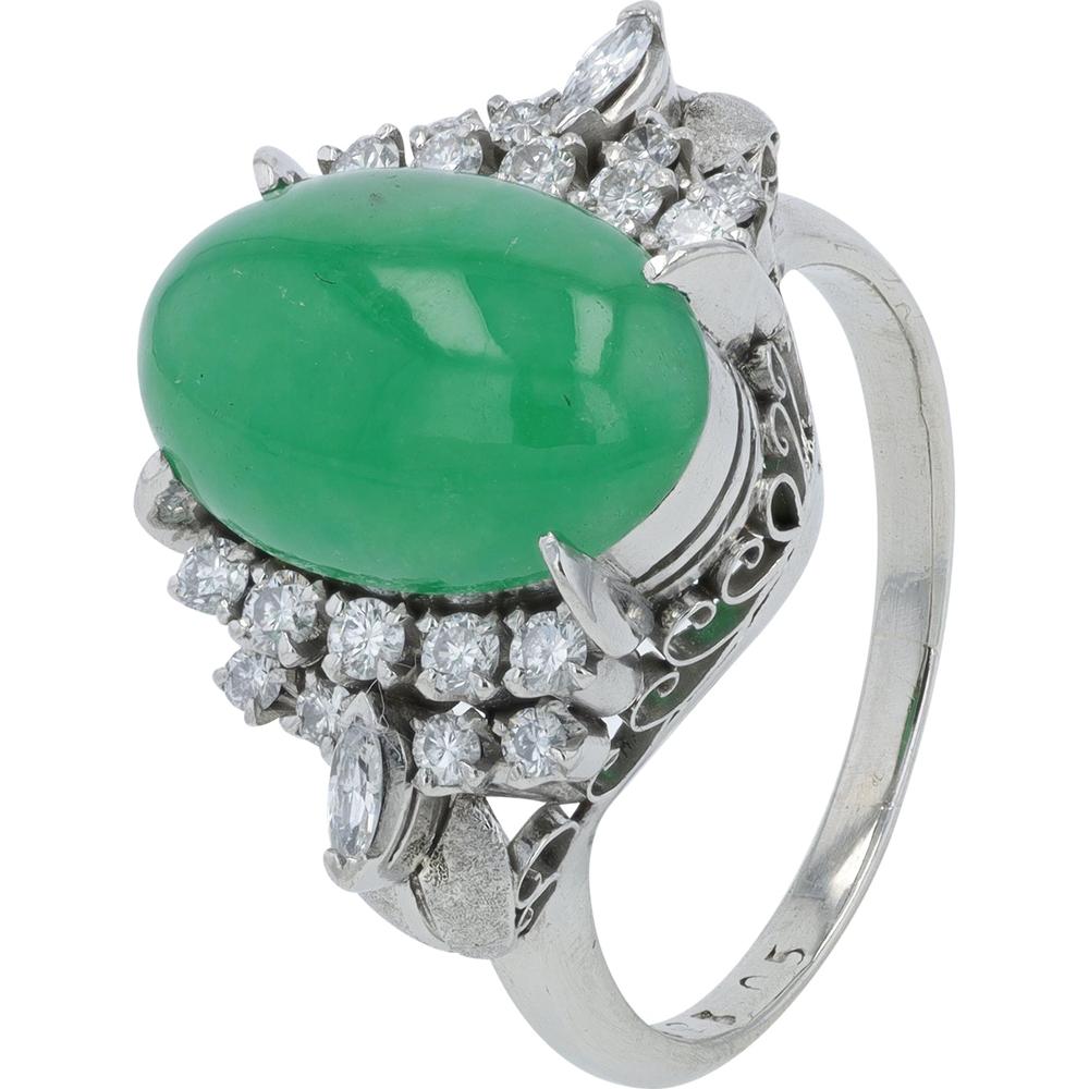 Platinum 2.80 Carat Oval Jade Center Ring with Diamond Halo - 0.50 Carat Total Diamond Weight