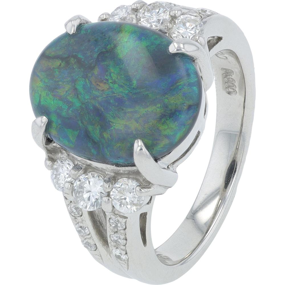 Platinum 2.90 Carat Oval Opal Ring with 0.46 Carat Diamond Accents
