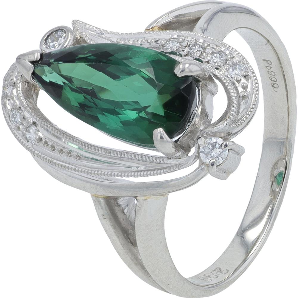 Platinum 2.99 Carat Green Tourmaline Ring with Diamond Accents - 0.13 Carat Total Diamond Weight