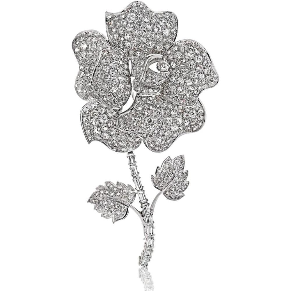 Platinum 27 Carat Diamond Rose Flower Brooch - Exquisite Floral Elegance