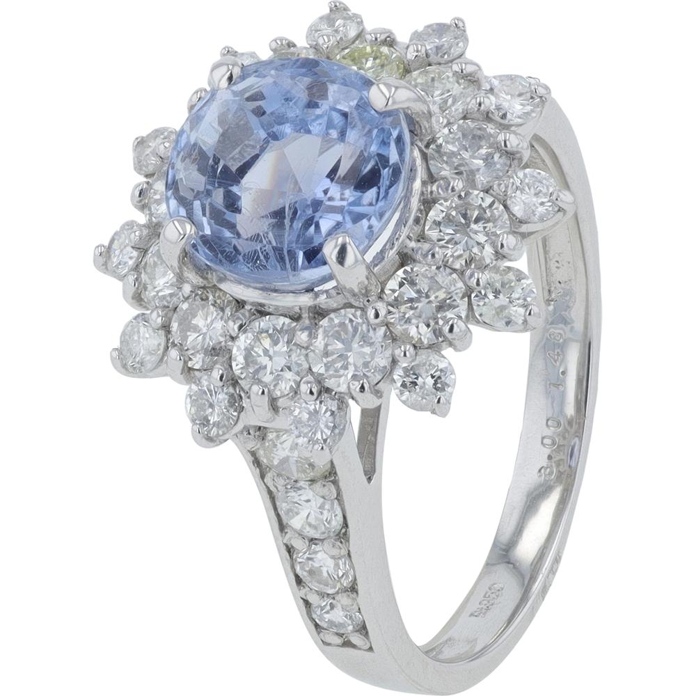 Platinum 3.00 Carat Sri Lanka Sapphire Ring with 1.48 Carat Diamond Halo - Platinum 950