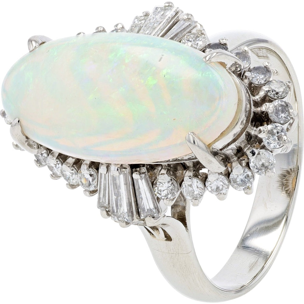 Platinum 3.08 Carat Oval Opal Ring with Baguette and Round Diamond Halo - 0.73 Carat Total Diamond Weight