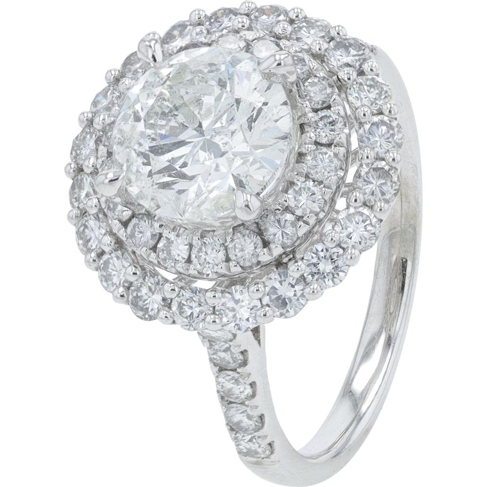 Platinum 3.08 Carat Total Weight Diamond Engagement Ring with 1.97 Carat Round Brilliant Center and Double Halo