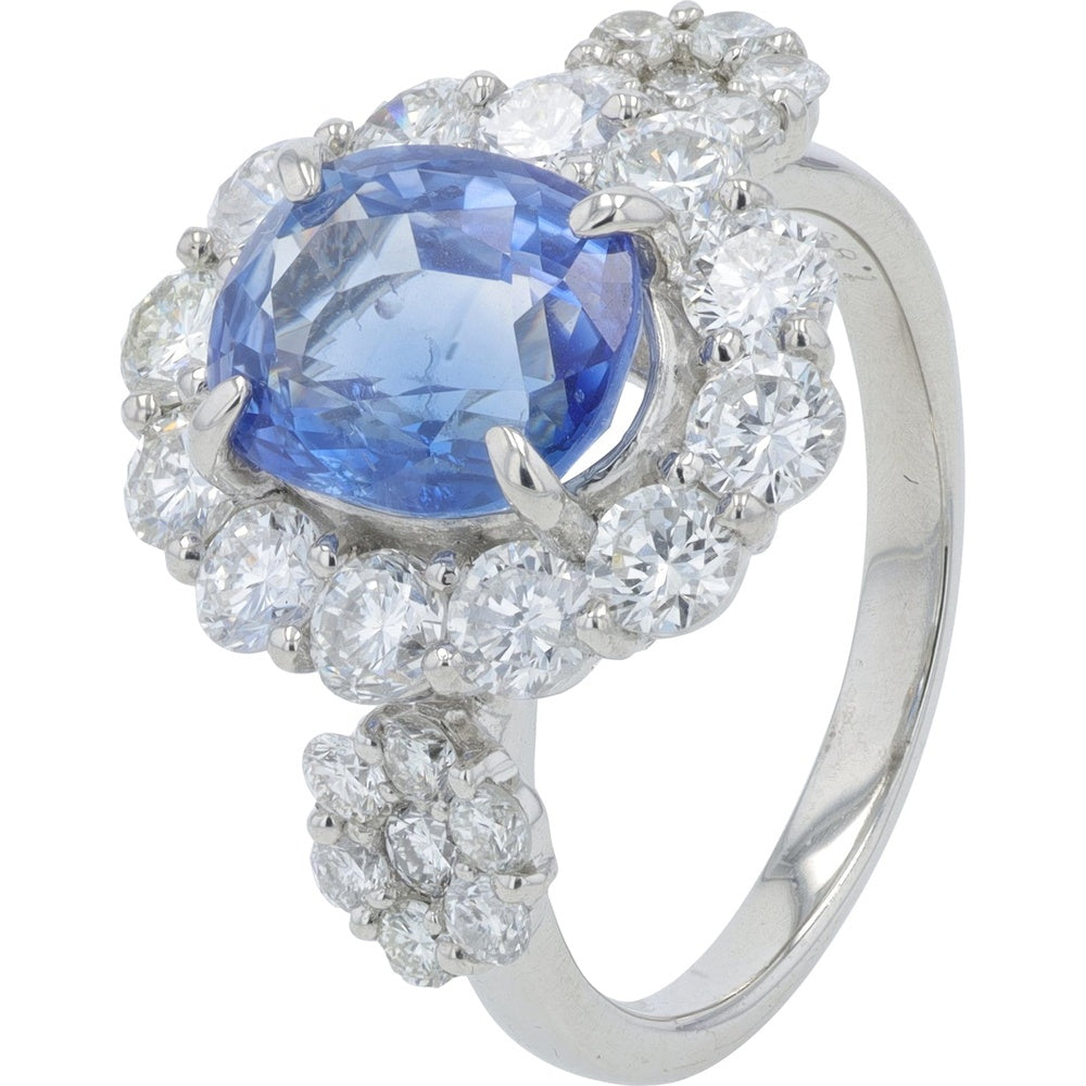 Platinum 3.10 Carat Oval Sapphire Ring with 1.85 Carat Diamond Halo and Floral Accents - Size 5.75